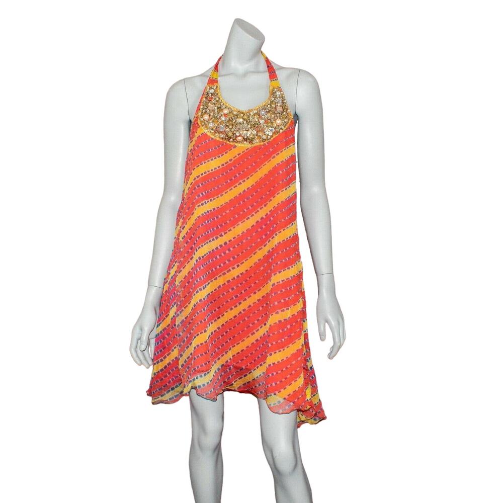 ALKA VORA Embellished Beaded Boho Halter mini Dress Orange Silk Size Small